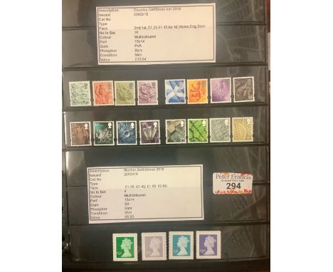 Great Britain collection of u/m mint stamps in maroon binder 2017-2020 with commemorative sets, mini sheets, definitives, reg