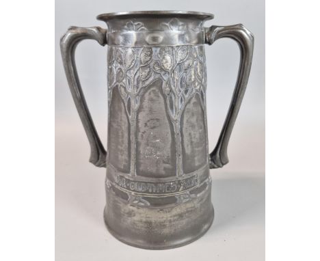 Liberty &amp; Co - English pewter twin handled loving cup with Honesty Tree decoration and Motto 'For Old Times' Sake'. 20.5c