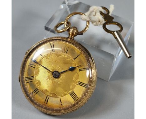 19th century 18ct gold open faced fancy key wind pocket watch, with engine turned Roman face and foliate engraved decoration 