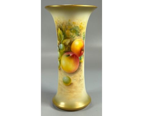 Royal Worcester porcelain trumpet vase, hand painted with fruits and foliage. Indistinctly signed, possibly William Roberts? 