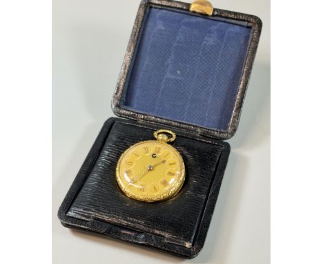 19th century 15ct gold fancy key wind fob watch, having engine turned face with Roman numerals and overall foliate cast and e