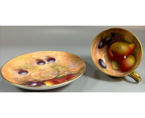 Edward Townsend for Royal Worcester, a 20th century cabinet cup and saucer with hand-painted still life decoration of fruits 