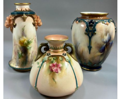 Small collection of Hadley Worcester vases, various decoration including hand-painted roses with Lion mask handles, two handl