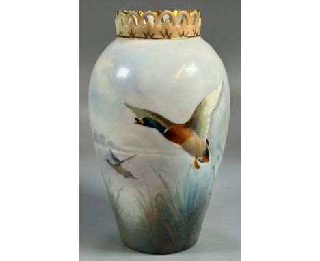 Royal China Works Worcester porcelain baluster vase with pierced reticulated neck, painted with Mallard in flight. Unsigned. 