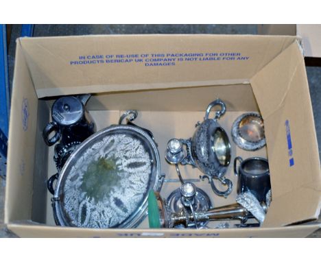 BOX WITH QUANTITY EPNS WARE, TEA SERVICE, HANDLED BASKET, CANDLE HOLDER ETC     