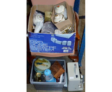 KODAK PROJECTOR & 2 BOXES CONTAINING KITCHEN JARS, FIGURINE ORNAMENTS, WOODEN BOX, CANDLE HOLDERS, MIXED CERAMICS & GENERAL B