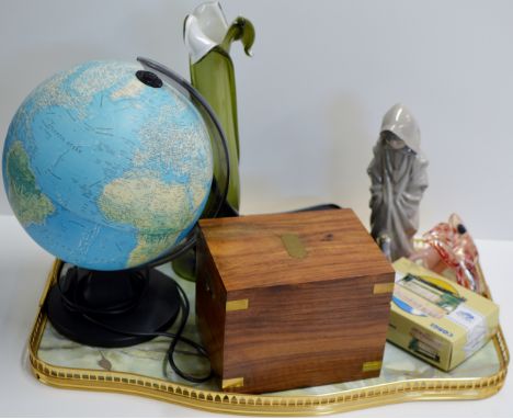 TRAY WITH WORLD GLOBE, COLOURED GLASS VASE, NAO FIGURINE ORNAMENT, CORGI MODEL TRAM ETC     