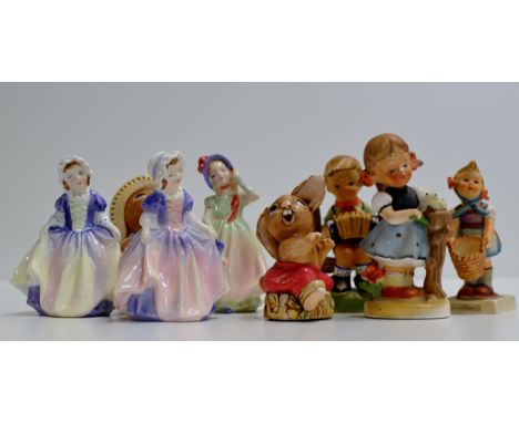 TRAY CONTAINING SMALL ROYAL DOULTON FIGURINES, HUMMEL FIGURINES, HUMMEL STYLE FIGURINES ETC     