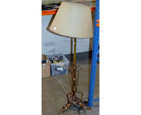 EDWARDIAN COPPER FINISHED TELESCOPIC STANDARD LAMP WITH SKIN SHADE ON TRIPOD BASE     
