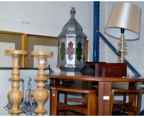 PAIR OF PEDESTALS, DECORATIVE LANTERN, WALL CLOCK & TABLE LAMP     