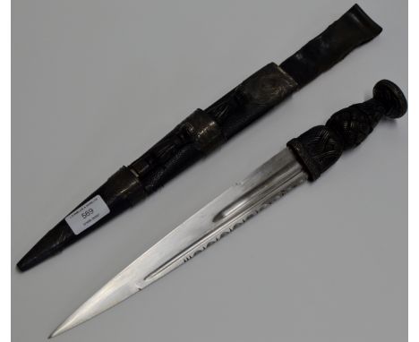 OLD LEATHER BOUND SCOTTISH DIRK WITH CELTIC MOTIFS &amp; REMOVEABLE KNIFE &amp; FORK