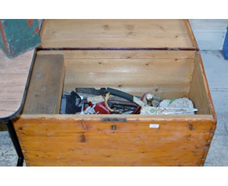 PINE BLANKET BOX WITH VARIOUS OLD TOOLS     
