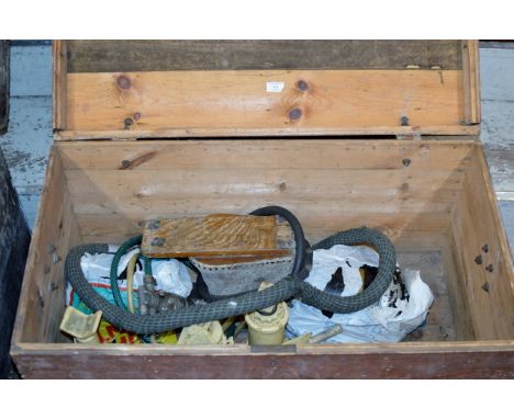 PINE BLANKET BOX WITH VARIOUS OLD TOOLS     