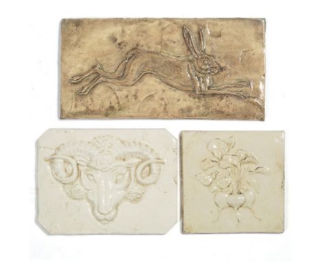 Fine Art Tile (British 20th Century) Three ceramic tiles moulded with a hare, rams head and radishes, circa 1990 two with fac