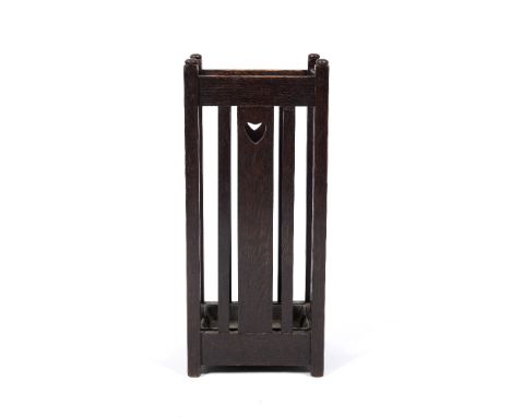 Liberty &amp; Co Arts &amp; Crafts stained wood stick stand finished with heart cut-outs, inset metal tray, Liberty London la