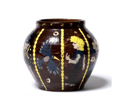 Lionel Miskin (20th Century) Stoneware vase hand painted figures and animals on a brown glaze hand painted artist's mark to b