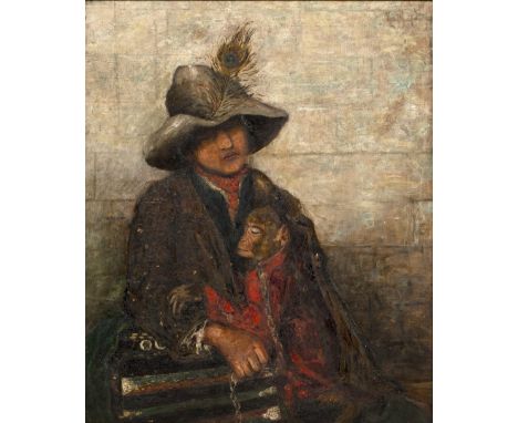 English school Portrait of an entertainer with monkey oil on canvas indistinct signature to upper right framed75cm x 60cm