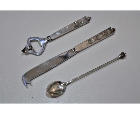 Uwe Moltke for Rex-Rotary (Denmark 20th Century) Silver and steel cocktail knife and bottle opener each finished with inset d