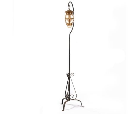 Arts &amp; Crafts Ironwork and copper lamp blown glass shade 180cm high