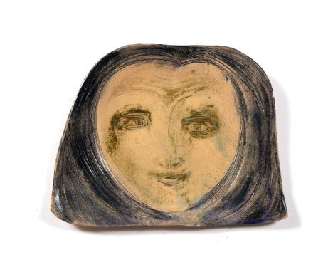 20th Century Ceramic wall hanging in the form of a face, blue and green glaze with incised details indistinct signature to ba