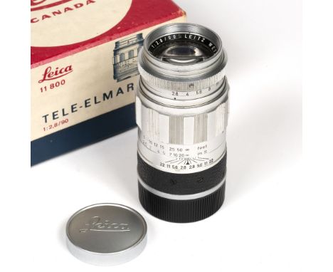 Leica (Germany) Leitz Wetzlar, Elmarit 90mm f2.8 camera lens, mid-20th Century with original retail box, front and rear cap s