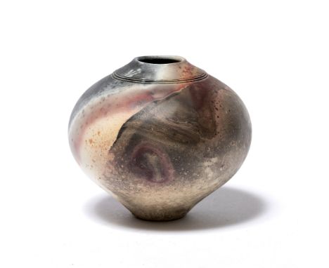 Attributed to St Ives Pottery Small ceramic vase multi coloured burnished glaze potter's mark to underside 11cm high