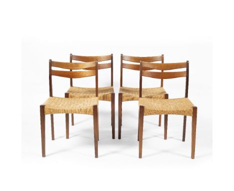 Danish School Set of four teak dining chairs rush seats, ladder back, tapering legs made in Denmark, Danish Control furniture