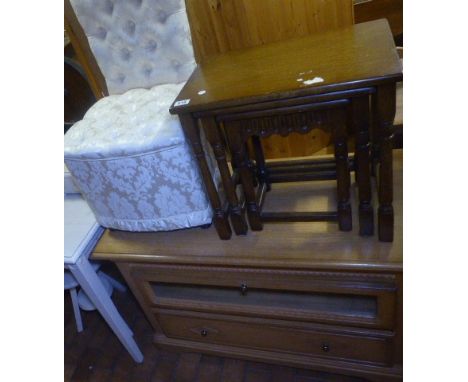 MIXED FURNITURE. Light oak TV unit, nest of three tables and upholstered bedroom chair