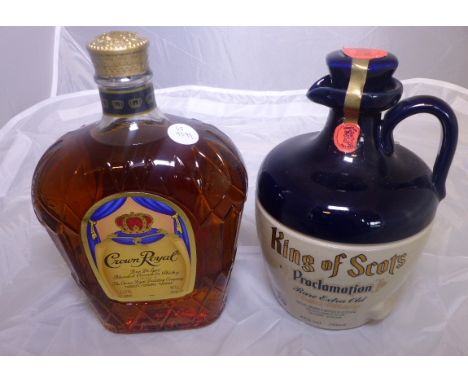 TWO BOTTLES OF WHISKY. Bottle of Crown Royal blended Canadian whisky and a stoneware decanter of King Of Scots Proclamation w