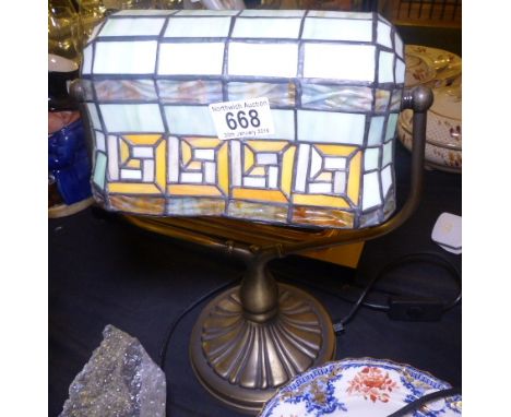 BANKERS LAMP. Bankers lamp with Tiffany style glass shade, H ~ 35cm