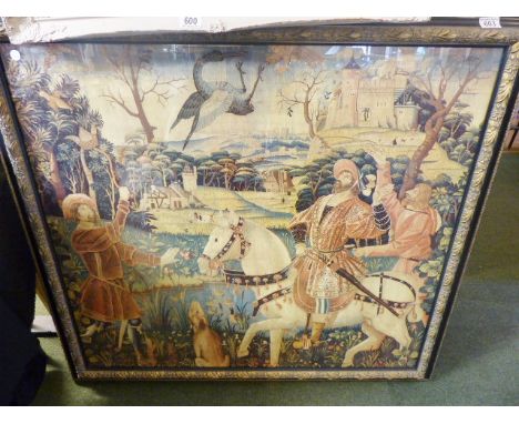 MEDIEVAL SCENE TAPESTRY. Framed and glazed tapestry of Medieval scene, 97 x 89cm