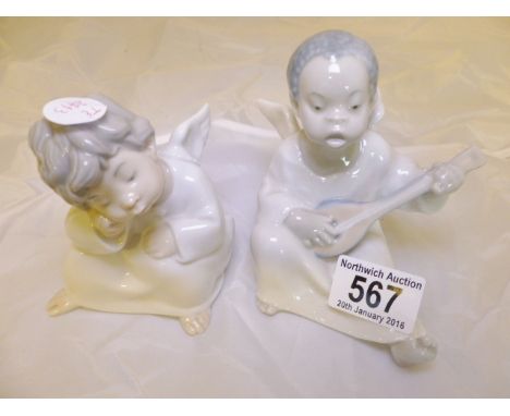 TWO LLADRO ANGEL CHILDREN. Two Lladro angel children, one with mandolin, H ~ 11cm