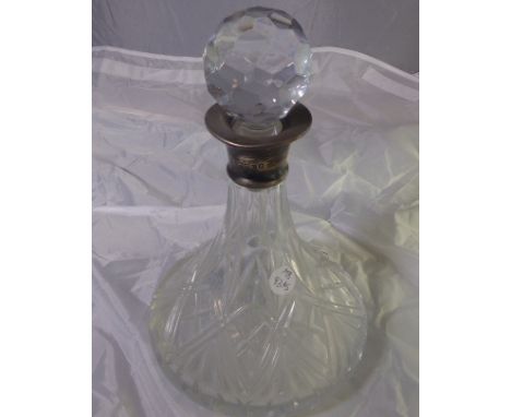 DECANTER WITH SILVER COLLAR. Cut glass ships decanter with silver collar, London 1977, H - 27cm