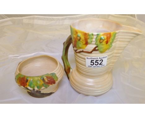 CARLTONWARE JUG AND BOWL. Carltonware Oak Acorn Art Deco jug and bowl, fawn colourway, jug H ~ 14cm