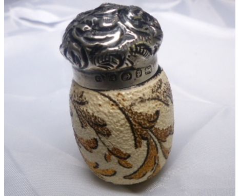 SCENT BOTTLE. Hallmarked silver lidded ceramic scent bottle, Birmingham 1889, maker JC , H ~ 4.5cm