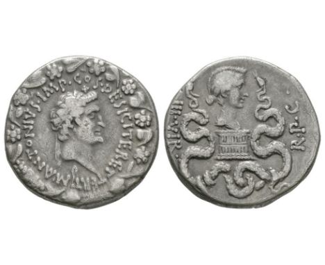 39 BC. Ephesus mint. Obv: M ANTONIVS IMP COS DESIG ITEREC legend with laureate head of Mark Antony right, lituus below, all w