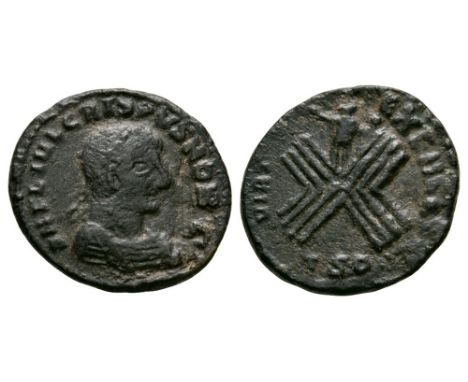 319 AD. Thessalonica mint. Obv: DN FL IVL CRISPVS NOB CAES legend with laureate and cuirassed bust right. Rev: VIRT EXERC leg