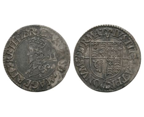 1631-1632 AD. First milled issue. Obv: profile bust with II behind and small 'B' below and CARO D G MAG BRIT FR ET HIB R lege