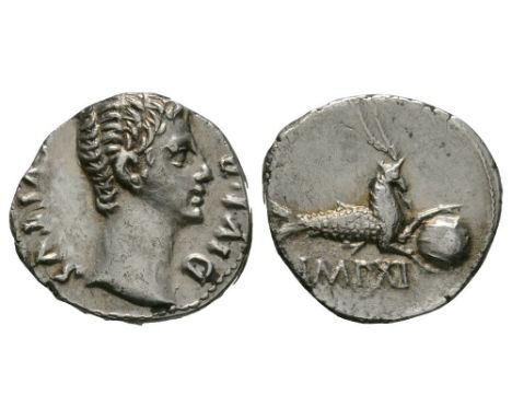 12-11 BC. Lyons mint. Obv: AVGVSTVS DIVI F legend with bare head right. Rev: IMP XI legend beneath capricorn right, holding g