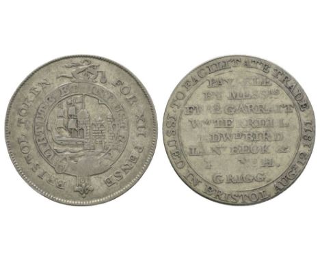 Dated 12 August 1811 AD. Obv: arms and crest within garter inscribed VIRTUTE ET INDUSTRIA with BRISTOL TOKEN FOR XII PENSE le