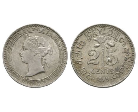 Dated 1899 AD. Decimal coinage. Obv: profile bust with VICTORIA QUEEN legend. Rev: plant dividing 2 5 with CEYLON in scroll a