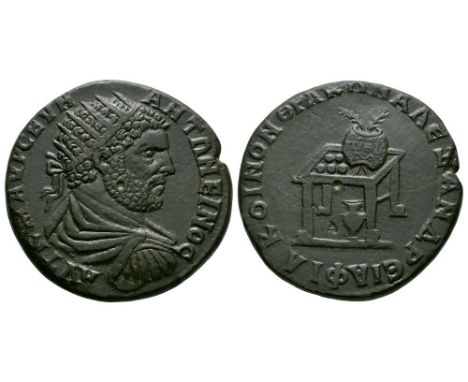 198-217 AD. Philippopolis, Thrace, Pythian Games issue. Obv: AYT K M AYRH ANTWNEINOC legend with radiate, draped and cuirasse