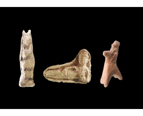3rd-1st century BC. A mixed group of ceramic figurines comprising: a Parthian(?) horseman with beard and floppy hat; a goddes