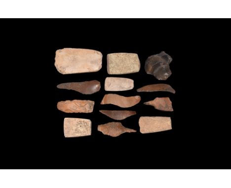 Neolithic, 4th-2nd millennium BC. A mixed group of stone tools comprising: five polished axe blades; two tanged arrowheads; s