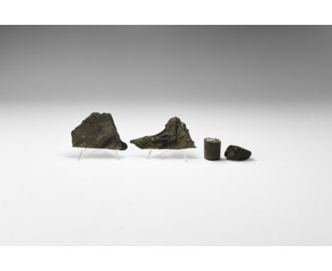 Jurassic Period, 200-145 million years BP. A group of four specimens of fossil wood, three from Whitby (Whitby jet) and a lim