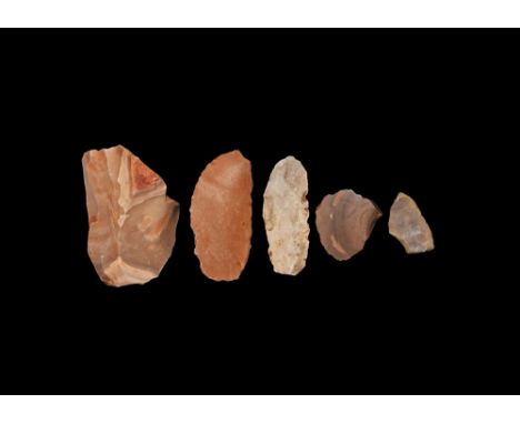 Magdalenian, 17,000-12,000 years BP. A mixed group of five flint tools comprising: a blade flake; two long D-section scrapers