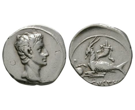 18-16 BC. Colonia Patricia mint. Obv: bare head right, bankers marks to left and right. Rev: AVGVSTVS beneath capricorn left,