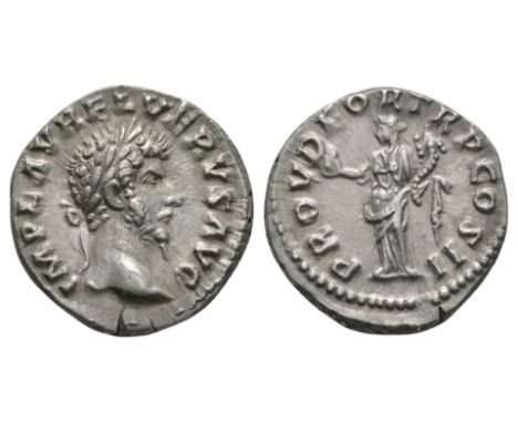 161 AD. Rome mint. Obv: IMP L AVREL VERVS AVG legend with bare head right. Rev: PROV DEOR TR P COS II legend with Providentia