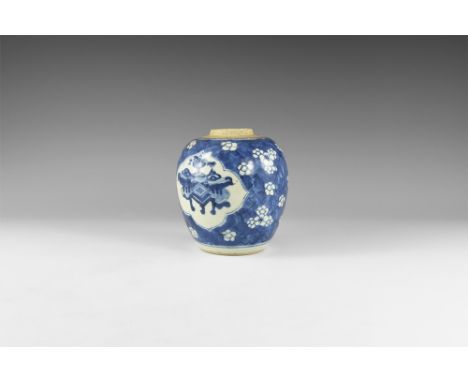 Qing Dynasty, 1616-1912 AD. A tin-glazed ceramic jar with basal ring and low neck; blue field with scattered blossom detailin