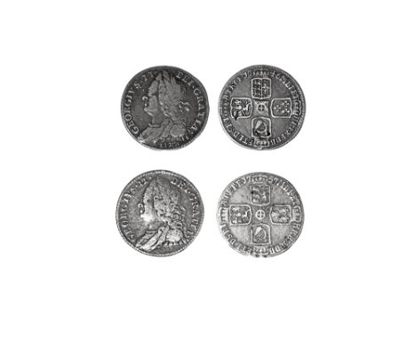 Dated 1746 and 1757 AD. Obvs: profile bust (first with LIMA below) with GEORGIVS II DEI GRATIA legend. Revs: cruciform arms w